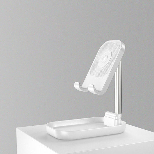 Norvo | Sammenleggbar og Justerbar Telefonholder med 10W Trådløs Hurtiglading, Opptil 25,8 cm, Lampe, Antiskli Panel, Mini Hylle, Passende for Telefoner og Nettbrett