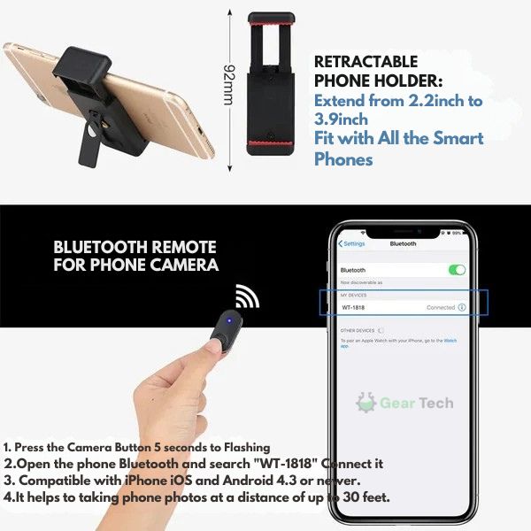Norvo | Utvidbar telefonstativ med Bluetooth-fjernkontroll - Allsidig selfiestang og stativ