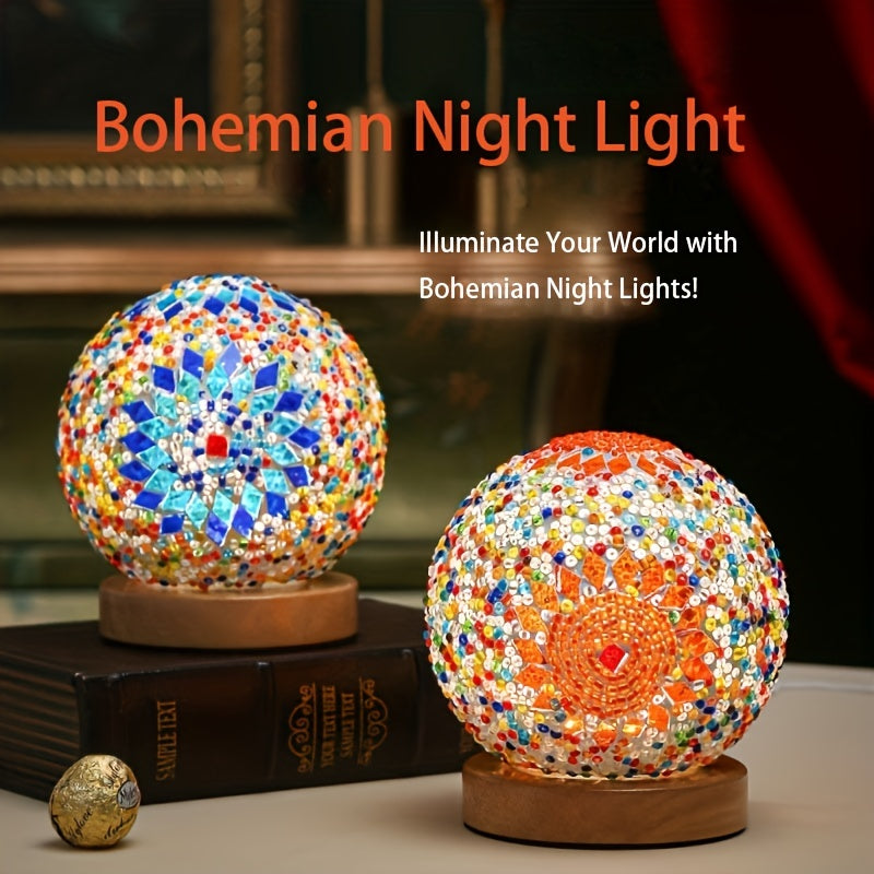 Norvo | Mosaikk glass kule bordlampe med trebase - Tyrkisk marokkansk inspirert