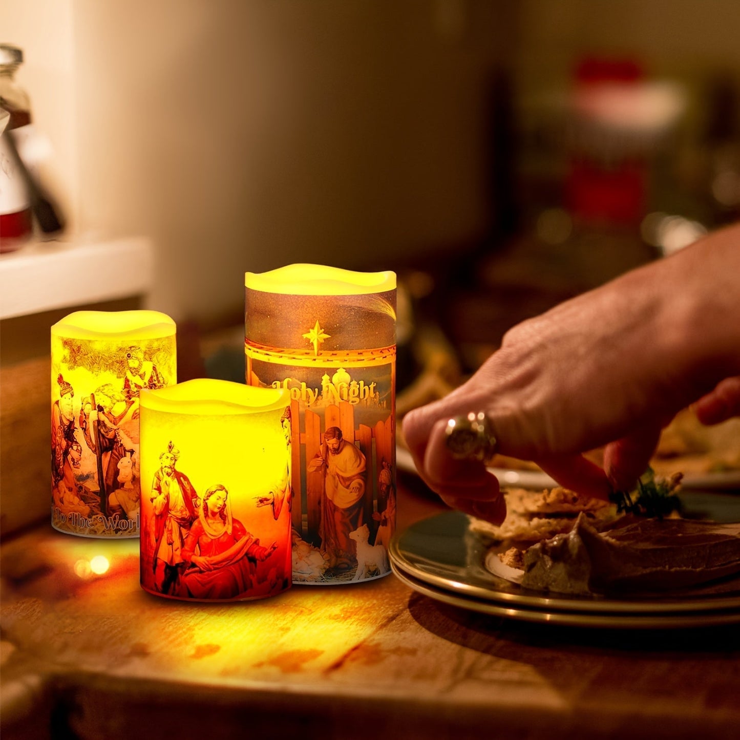 Norvo | Flameless LED Julelys – 3 stk Batteridrevne Hellig Natt Lys med Timer Som Viser Krybbescenen for En varm julehjemstemning