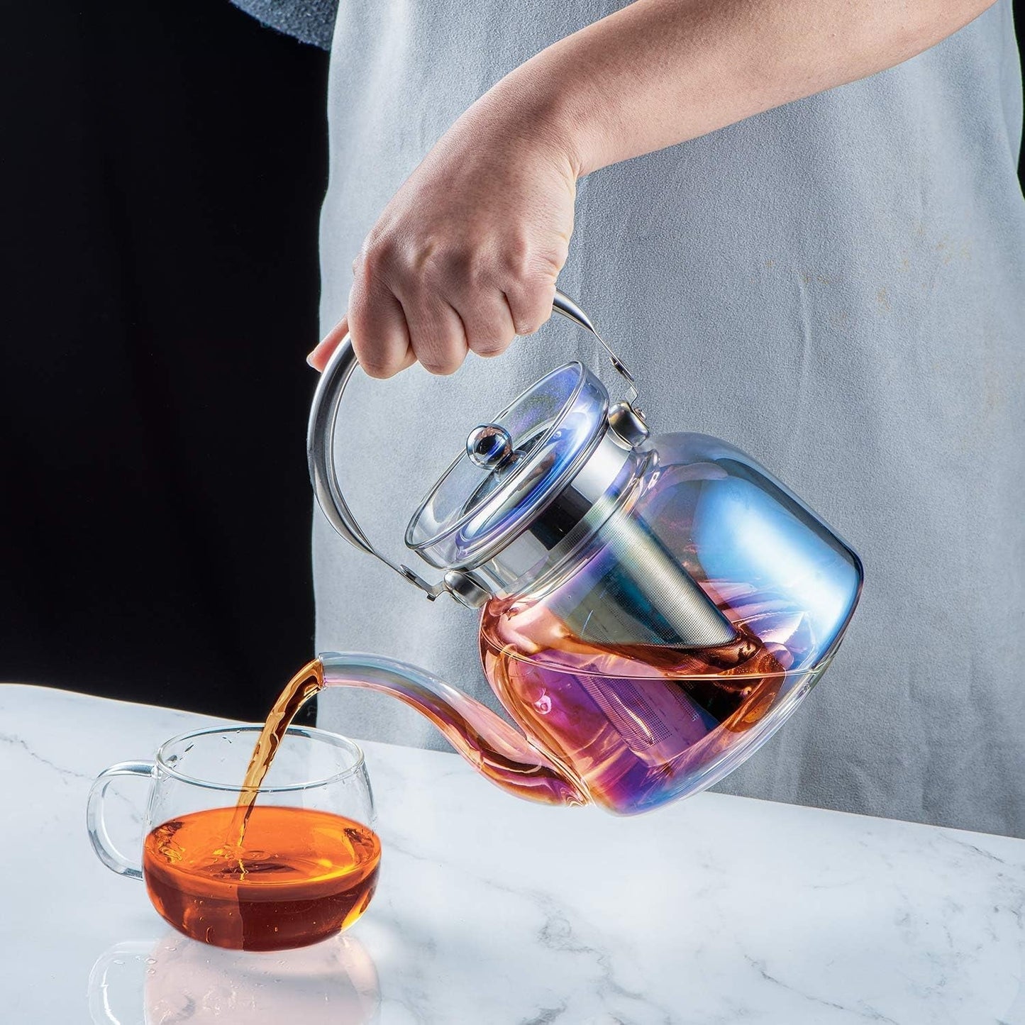 Norvo | 50 Oz(1500Ml) Glass Teapot with Lid, Removable Stainless Steel Tea Strainer and Handle, Stovetop Safe Tea Maker for Blooming and Loose Leaf Tea (Iridescent)