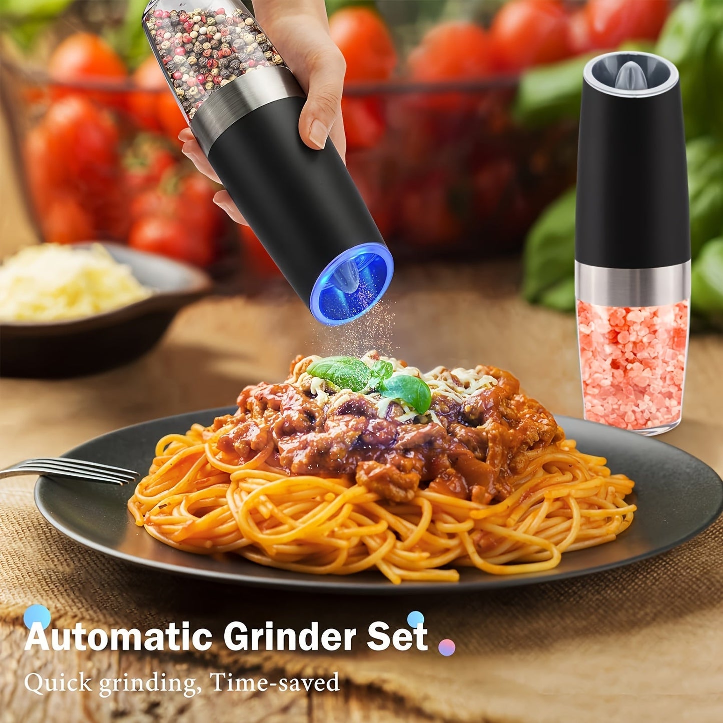 Norvo | Gravity Elektrisk Salt- og Pepperkvern Sett: Batteridrevet med LED-lampe, en-hånds automatisk betjening, justerbar grovhet, svart - Kjøkken Gadget Gaveidé