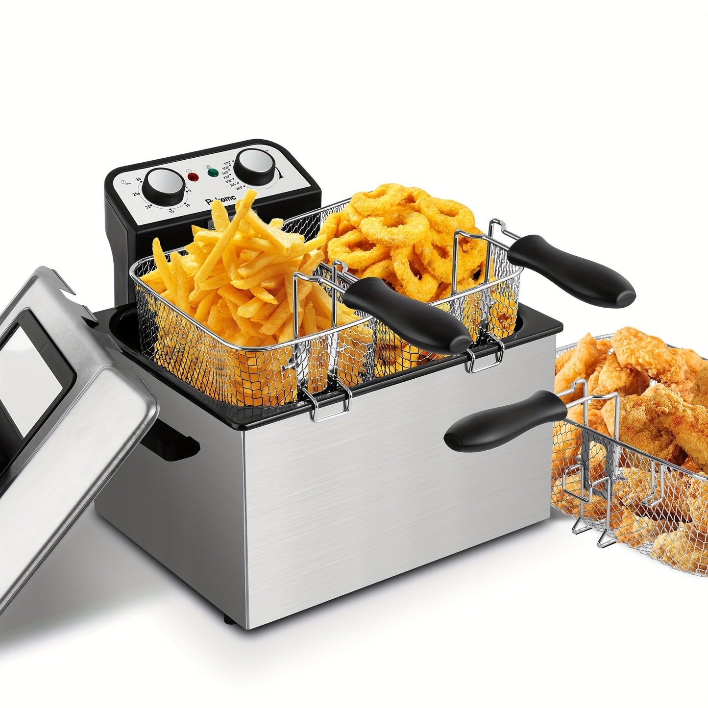 Norvo | SUSTEAS 1500W Elektrisk Frityrkoker med kurv - Lett å rengjøre non-stick kjele, temperaturkontroll, avtakbart lokk, ideell for hjemmekjøkken og restauranter