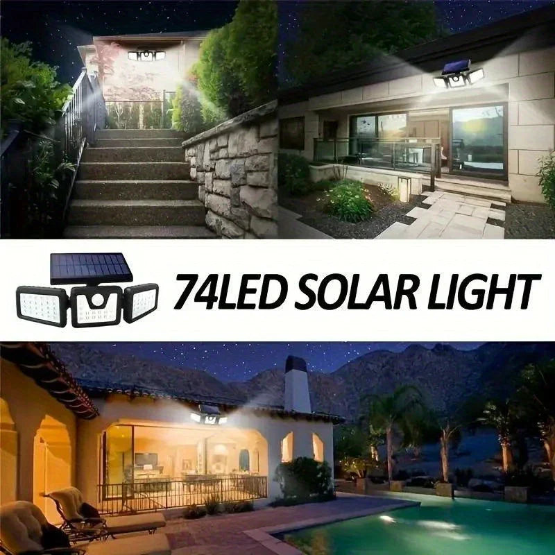 Norvo | Solenergisk LED Flomlys med Bevegelsessensor – 3-Hodet Utendørs Sikkerhetsbelysning for Hage, Innkjørsel & Garasje