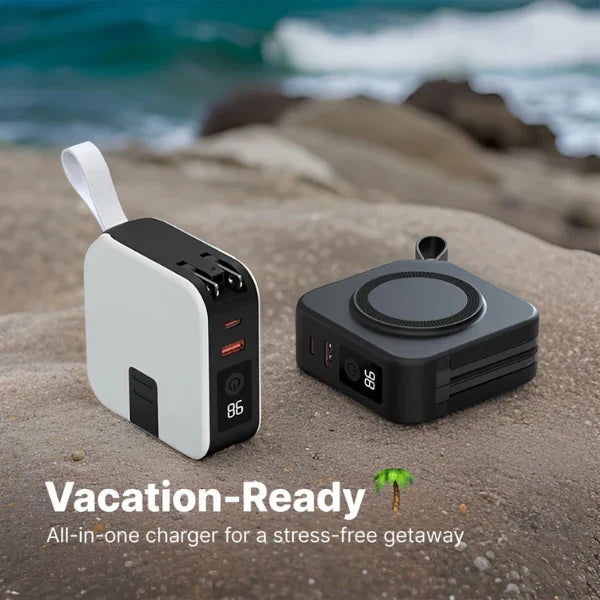 Norvo | TravelBank | Bærbar 5-i-1 Vegglader | Trådløs lading, Power Bank & Multi-enhets lading