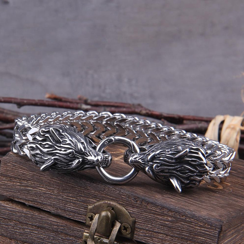 Norvo | Viking Rustfritt Stål Dobbel Ulvehode Fenris Armbånd