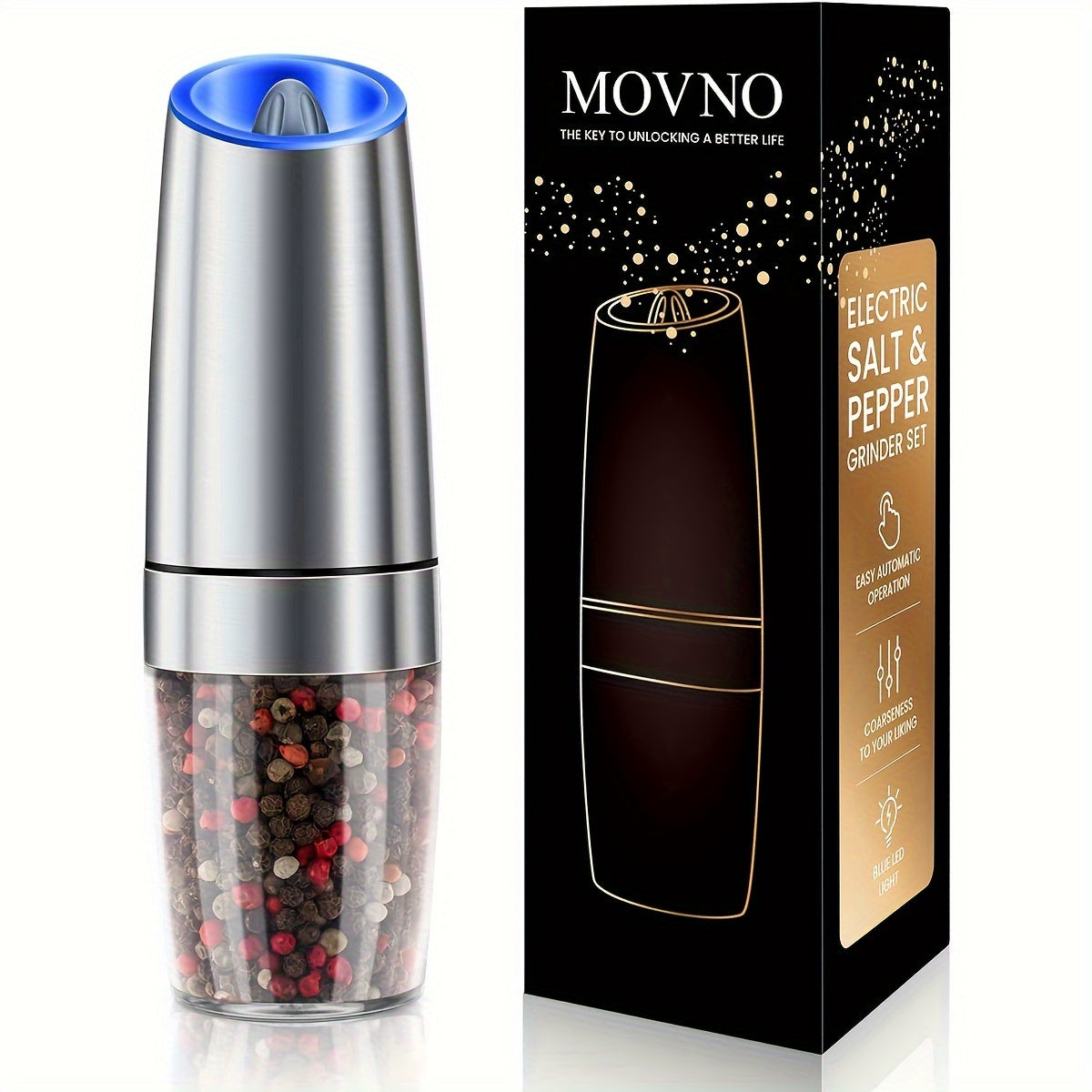 Norvo | Gravity Elektrisk Salt- og Pepperkvern Sett: Batteridrevet med LED-lampe, en-hånds automatisk betjening, justerbar grovhet, svart - Kjøkken Gadget Gaveidé