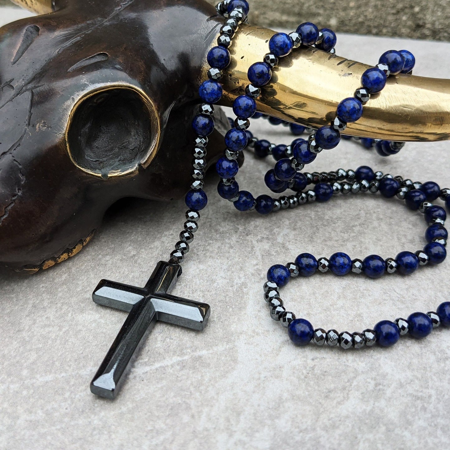 Norvo | Tiger Eye Og Lapis Lazuli Kors Rosary Halskjede For Menn - Orion