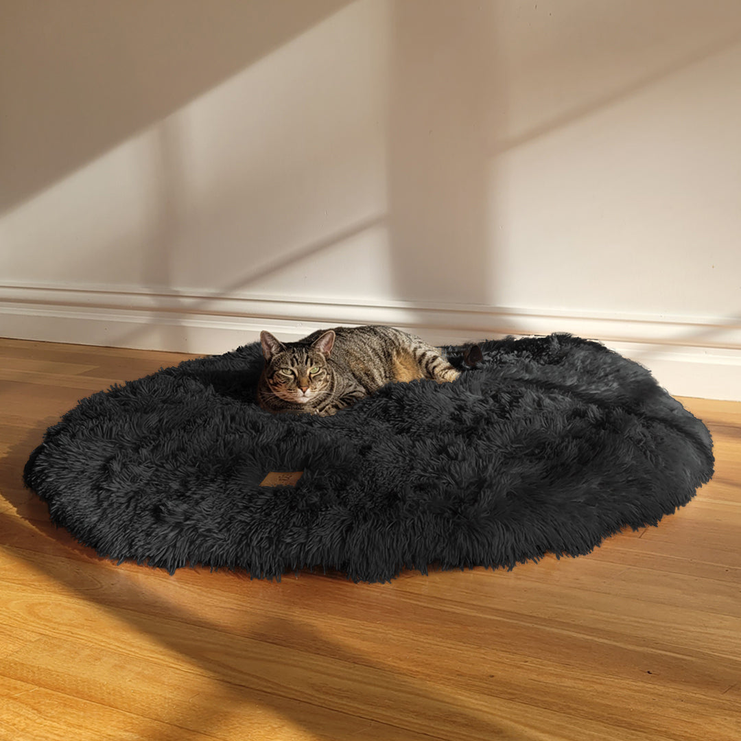 Norvo | Shaggy Faux Fur Rund Padded Lounge Mat - Kull