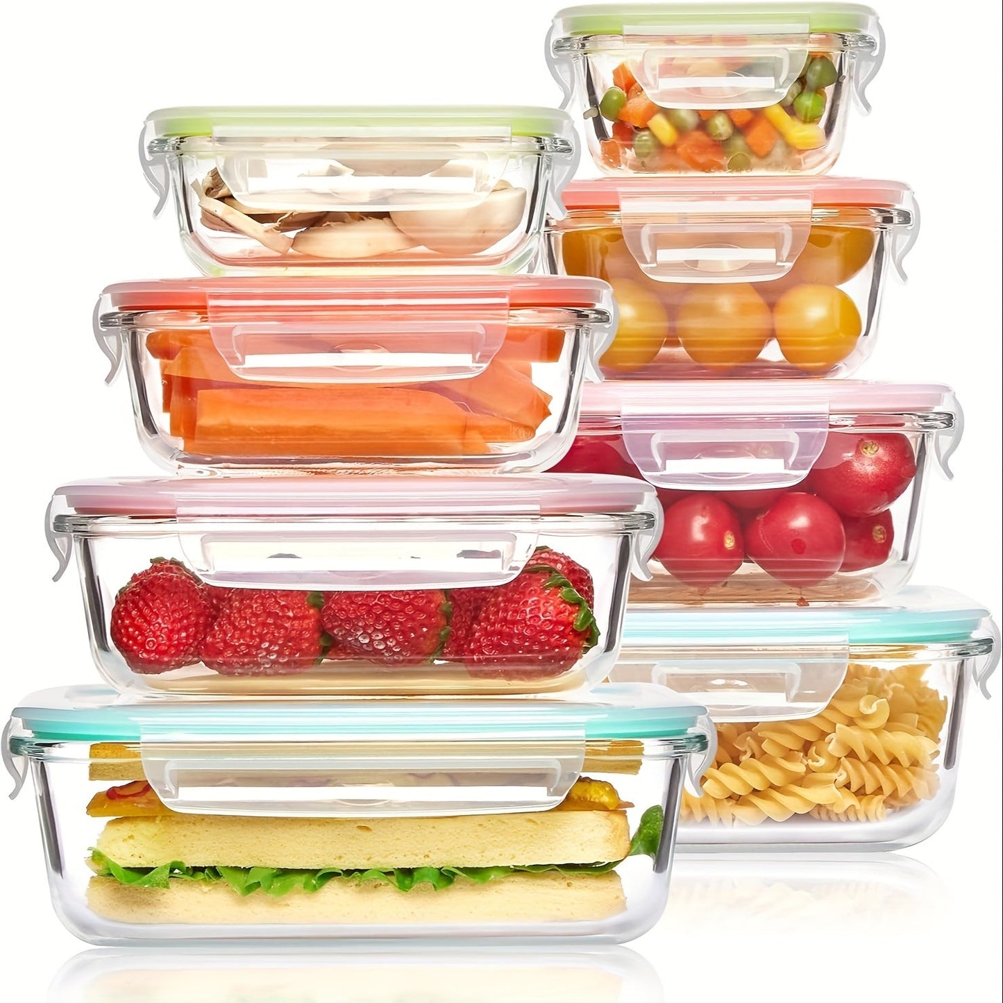 Norvo | 8-Pack Glass Matboksbeholdere – Lufttette Måltid Forberedelse Bento-bokser med lekkasjesikre, låsbare lokk, mikrobølgeovn-, ovn-, fryse- og oppvaskmaskinsikre, BPA-frie