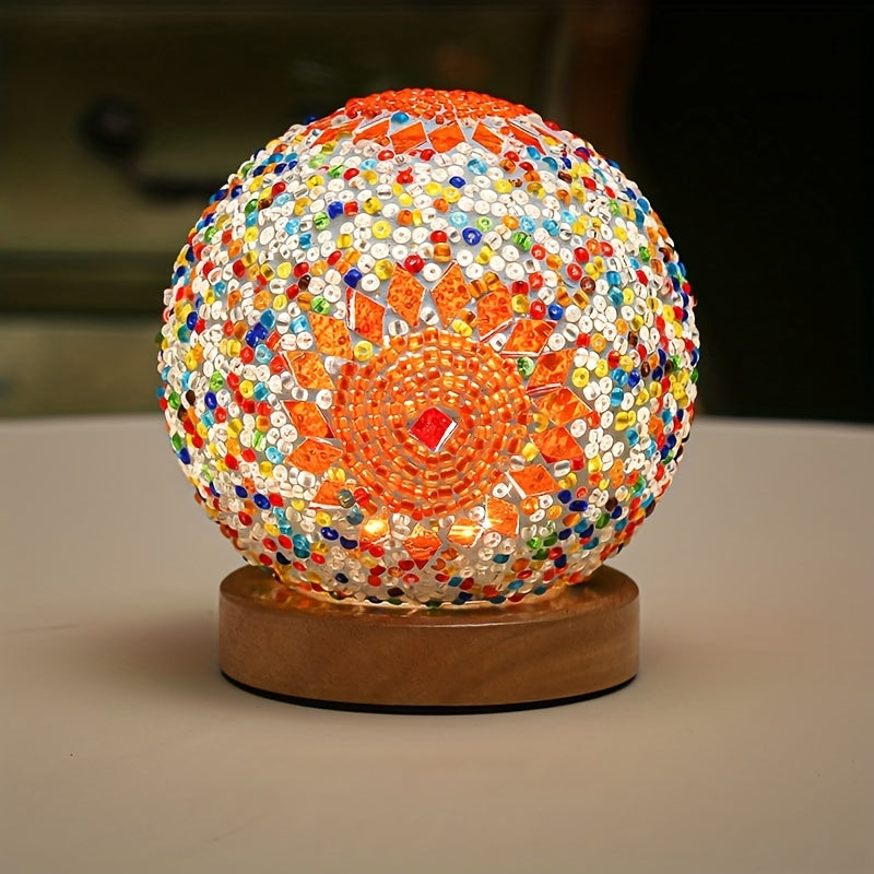 Norvo | Mosaikk glass kule bordlampe med trebase - Tyrkisk marokkansk inspirert