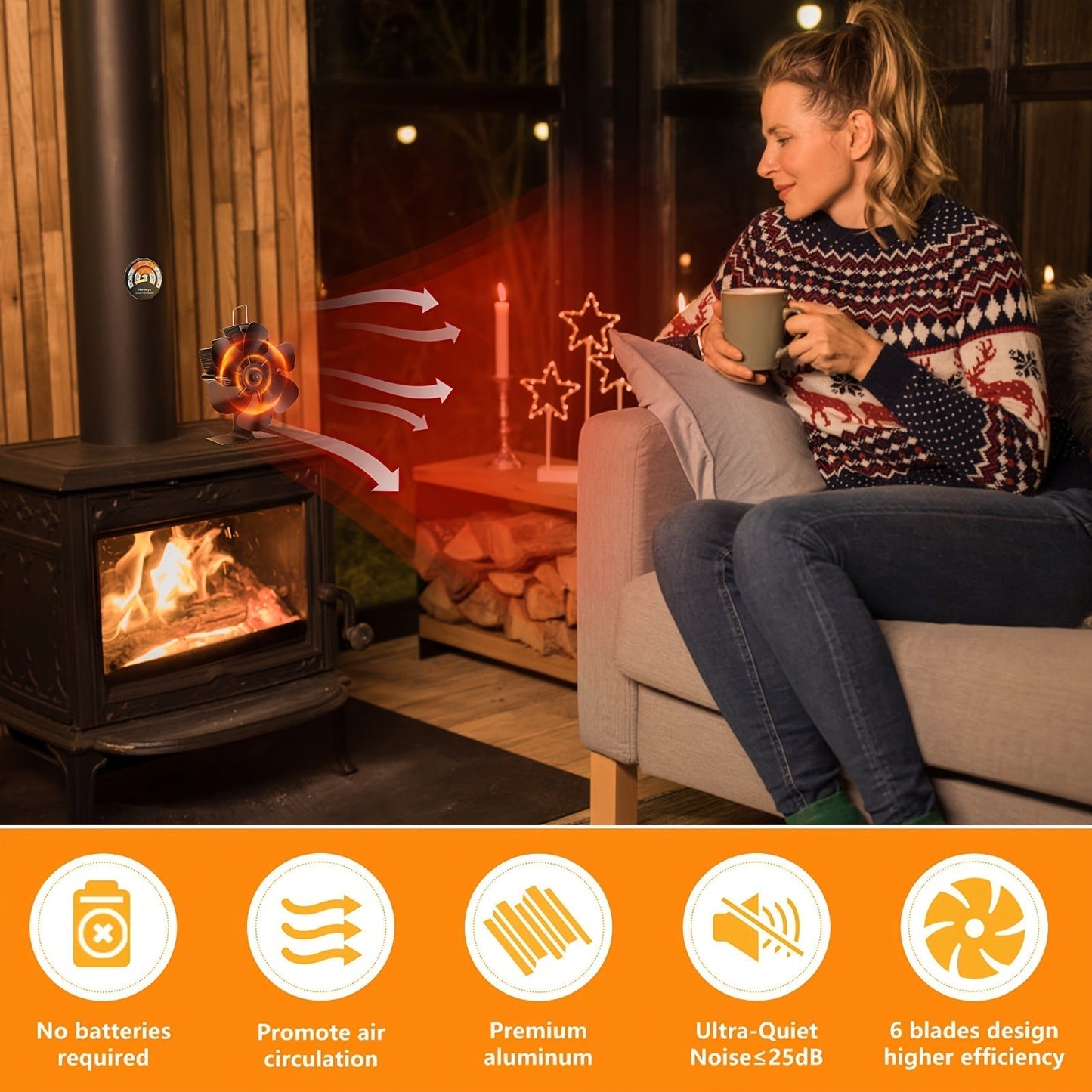 Norvo | ThermoBreeze | Varme Drevet Komfyrvifte – Stille Drift, Ingen Elektrisitet, Effektiv Varmefordeling