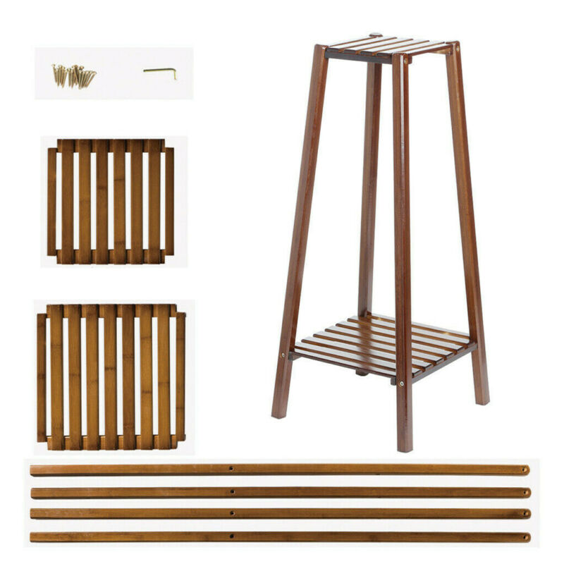 Norvo | 2 Tier Høy Plante Stativ Pottholder Lite Rom Bord Hage Blomsterpotte Brun