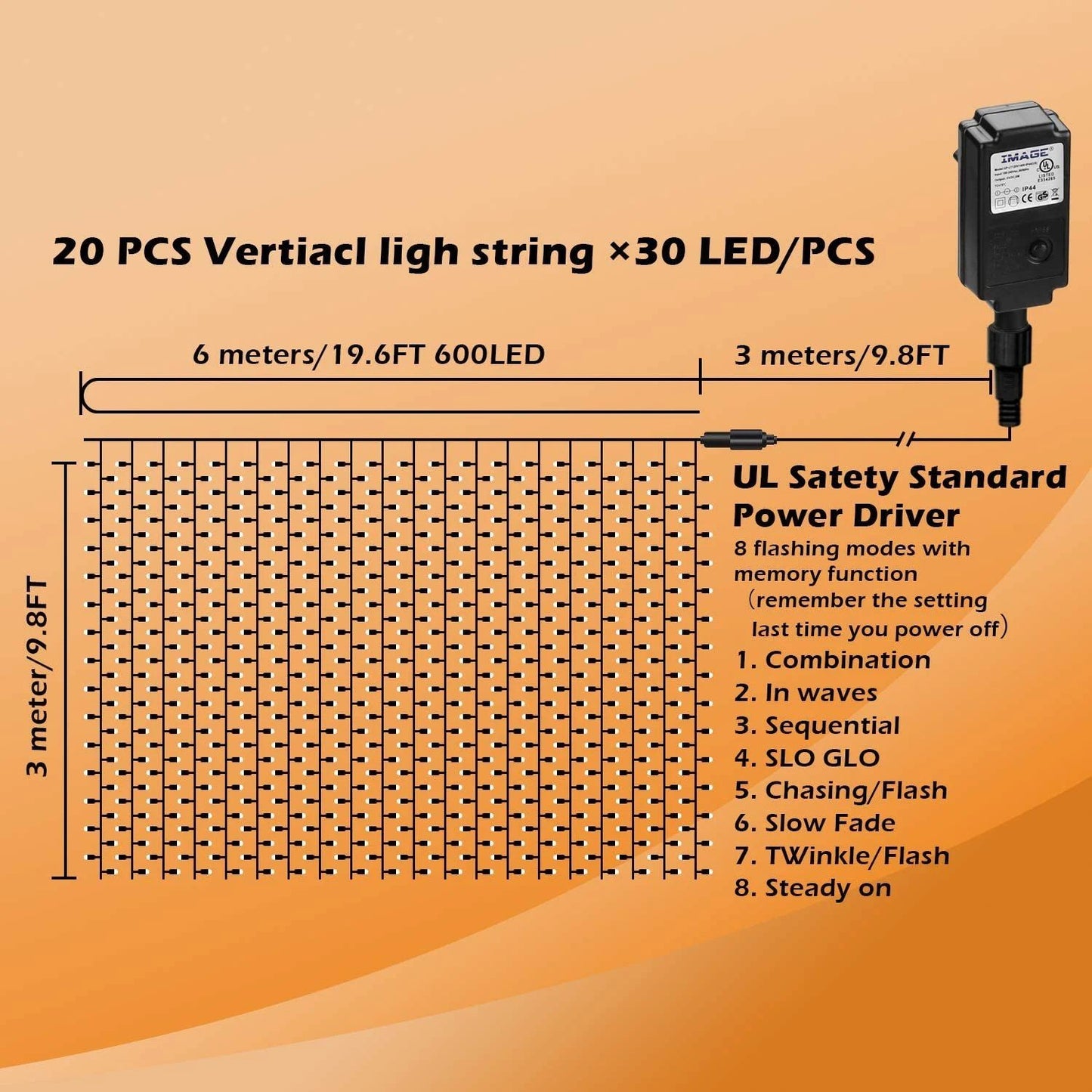 Norvo | 600 LED 9.8 x 19.6 FT. LED gardinlys med 8 lysmoduser og minnefunksjon