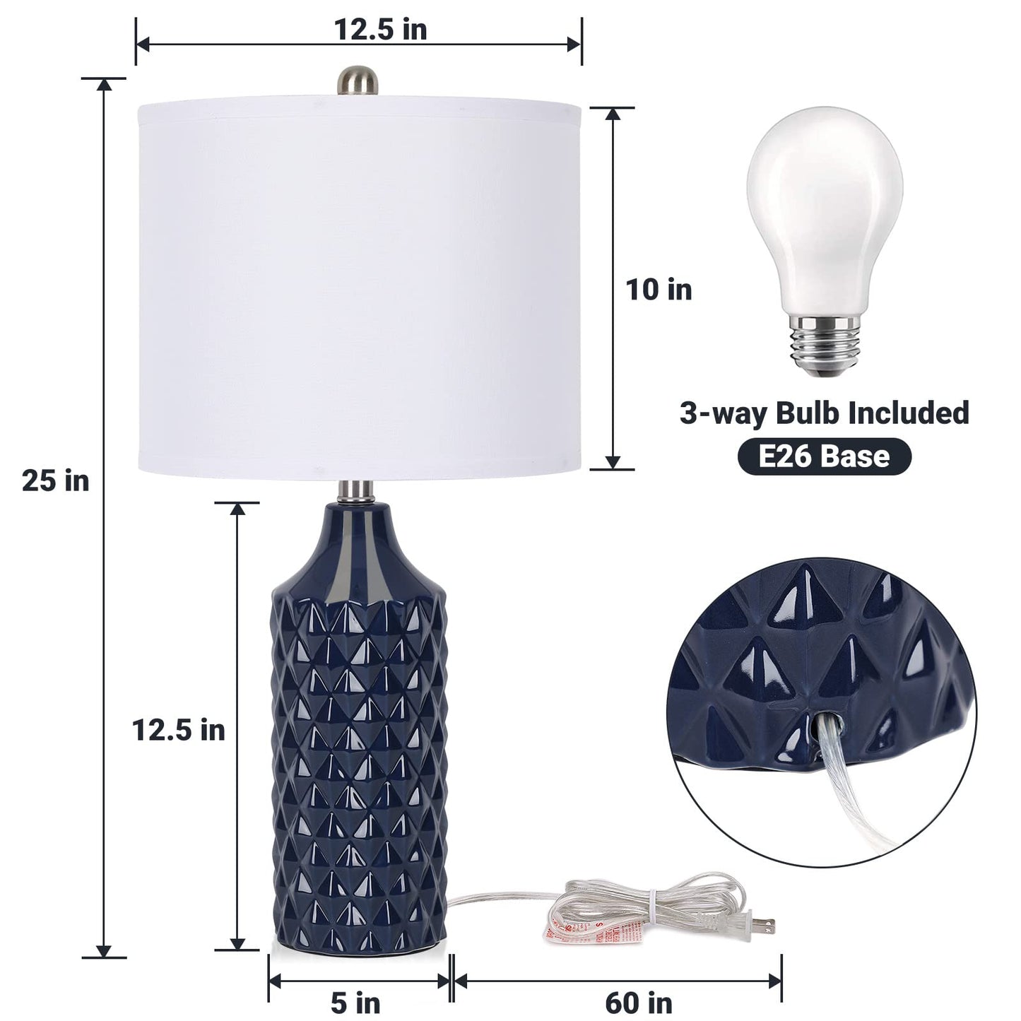 Norvo | Qingmiao 25" Navy Blue Keramisk Bordlampe Sett Av 2 - 3-Trinns Dimming Nattbordbelysning