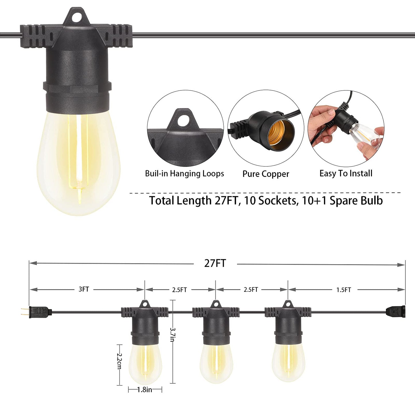 Norvo | Alitade S14 LED Ute Lyslenker, 108Fot Bruddsikker Vanntett Edison Stil For Terrasse