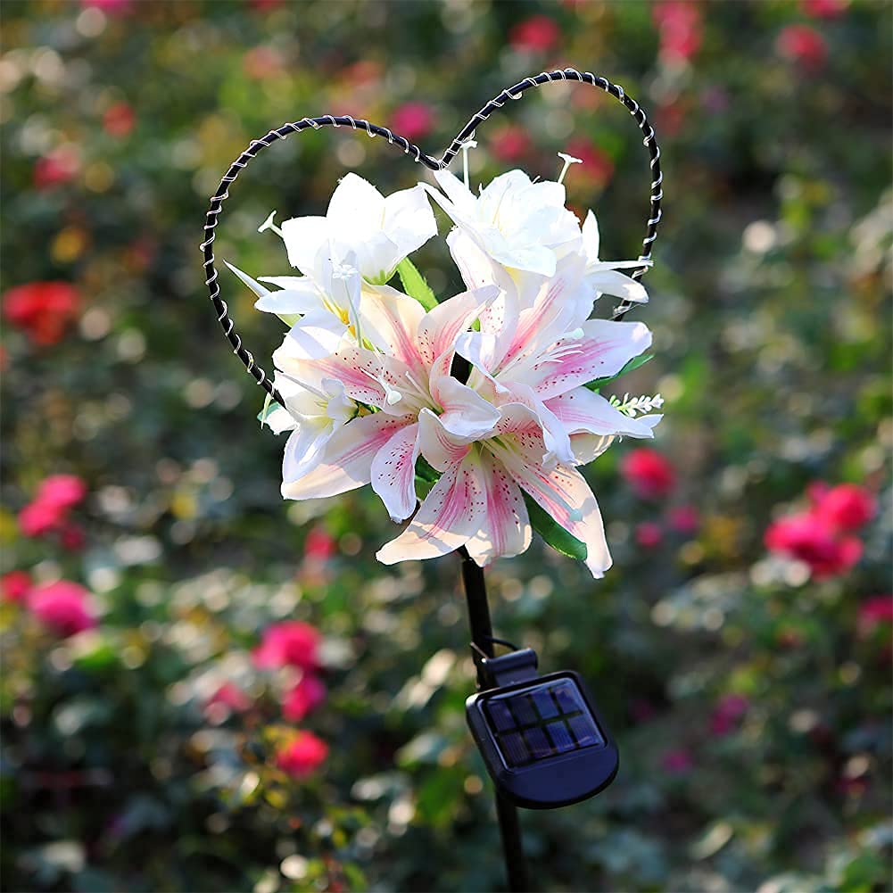 Norvo | Starryfill Hjerteformet Solcellehagebelysning Med Hvite Lilje Blomster - 25 Led Varme Hvit