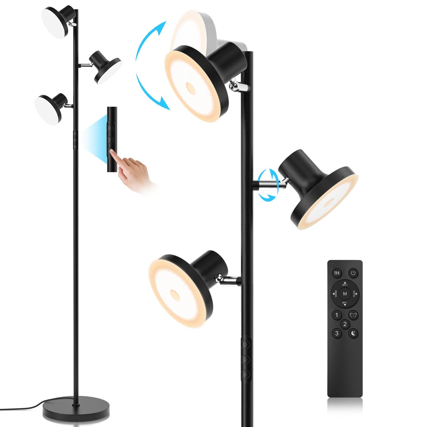Norvo | Sibrille 36w Led Tre Gulvlampe, Moderne Dimmbar Stående Lampe Med Fjernkontroll & Berøringskontroll, 4 Fargetemperaturer, 3 Rotere L