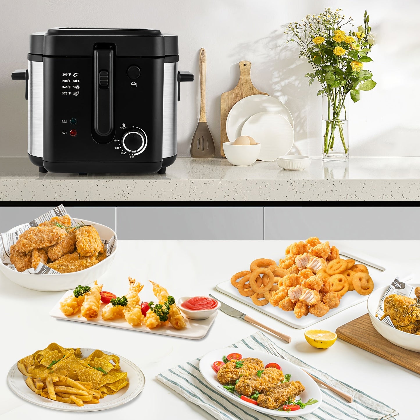 Norvo | SUSTEAS 1500W Elektrisk Frityrkoker med kurv - Lett å rengjøre non-stick kjele, temperaturkontroll, avtakbart lokk, ideell for hjemmekjøkken og restauranter