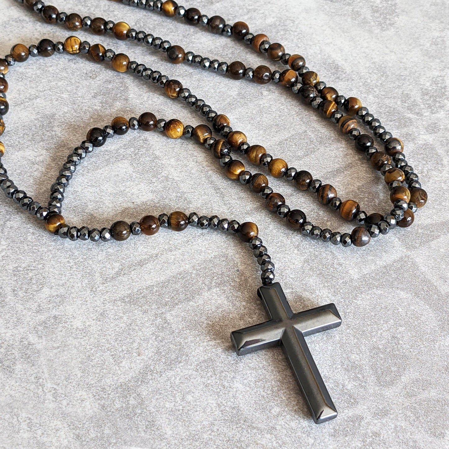 Norvo | Tiger Eye Og Lapis Lazuli Kors Rosary Halskjede For Menn - Orion