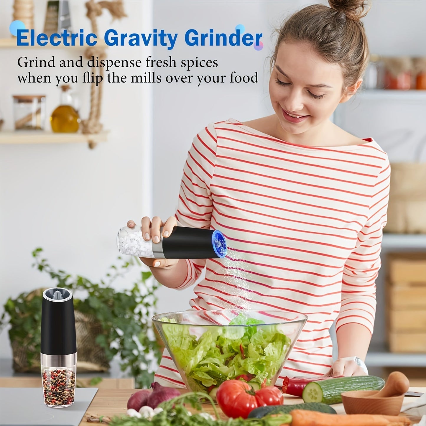 Norvo | Gravity Elektrisk Salt- og Pepperkvern Sett: Batteridrevet med LED-lampe, en-hånds automatisk betjening, justerbar grovhet, svart - Kjøkken Gadget Gaveidé