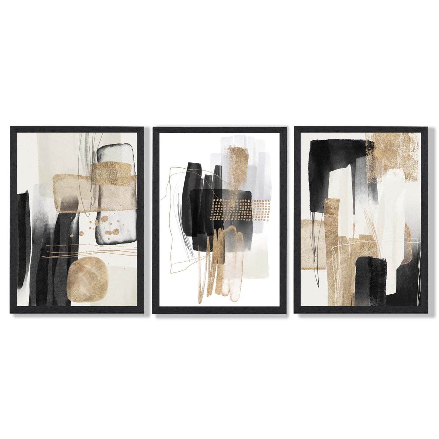 Norvo | Sett med 3 abstrakte svarte beige kunsttrykk med gyldne rammer