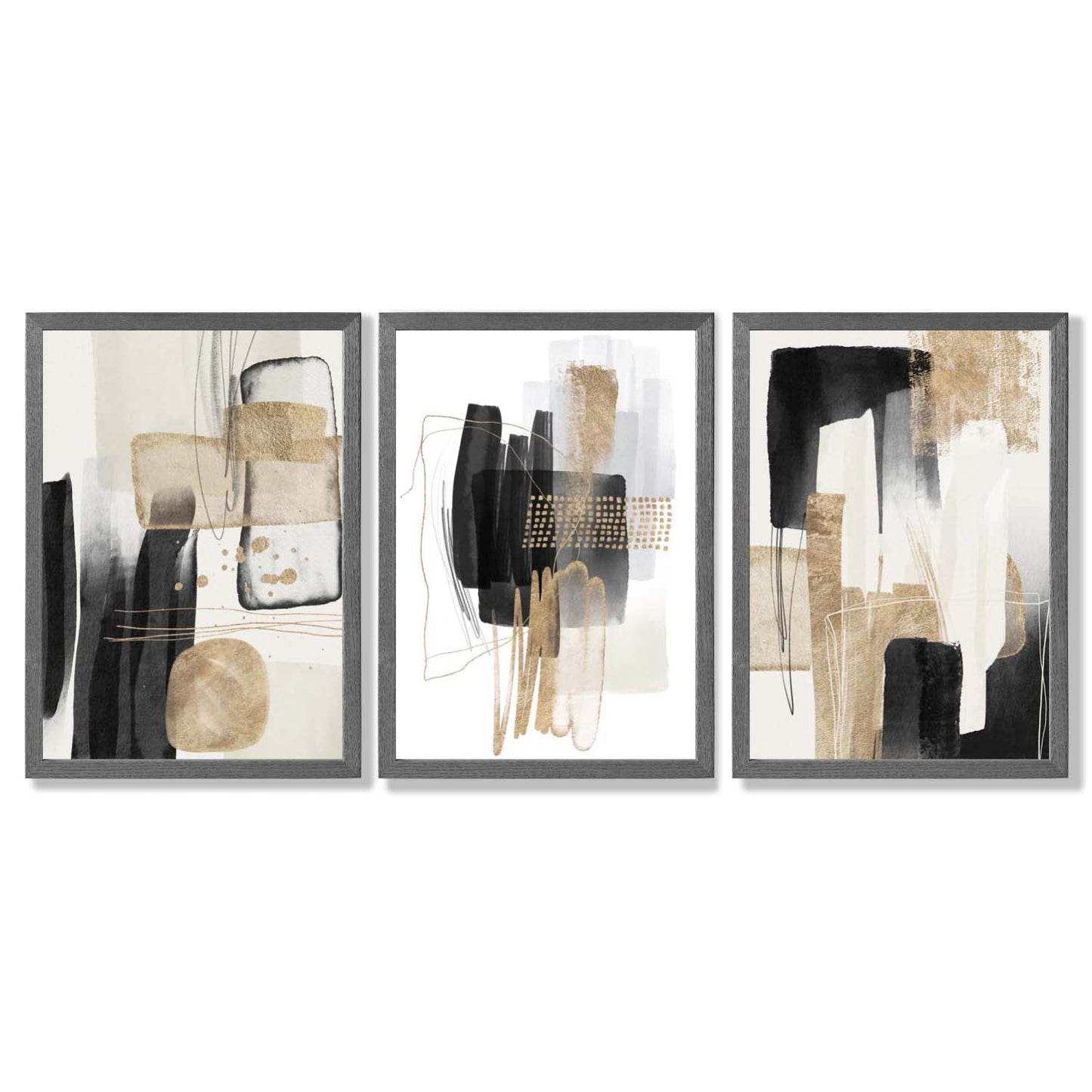 Norvo | Sett med 3 abstrakte svarte beige kunsttrykk med gyldne rammer