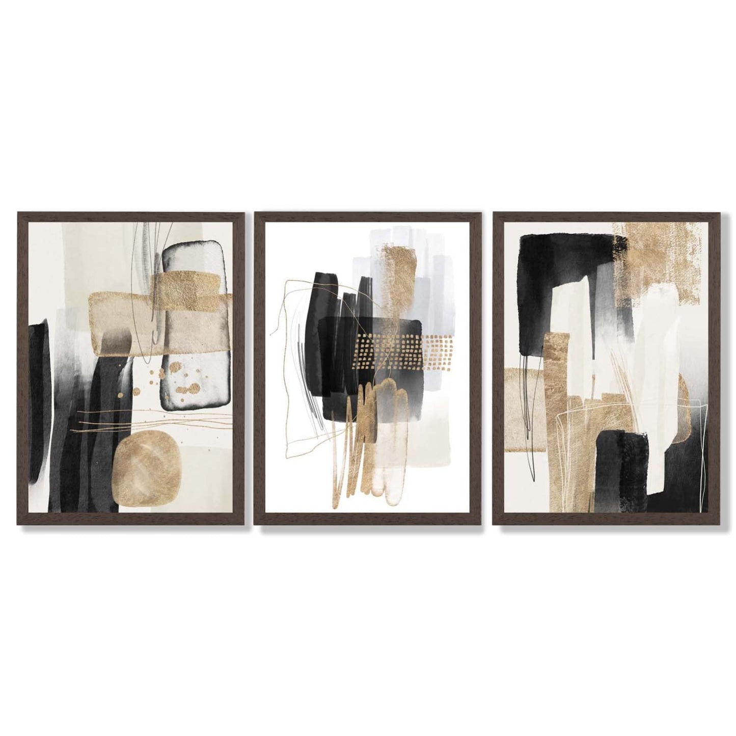 Norvo | Sett med 3 abstrakte svarte beige kunsttrykk med gyldne rammer