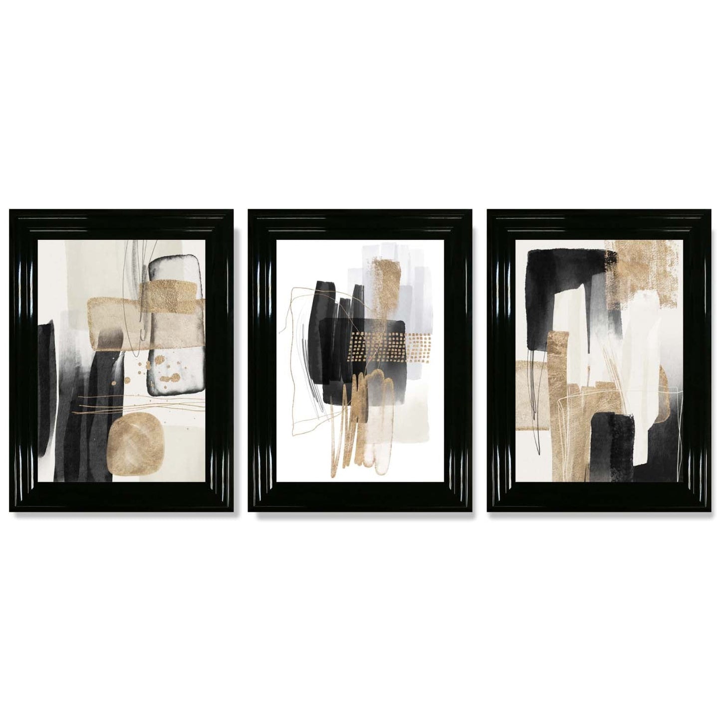 Norvo | Sett med 3 abstrakte svarte beige kunsttrykk med gyldne rammer