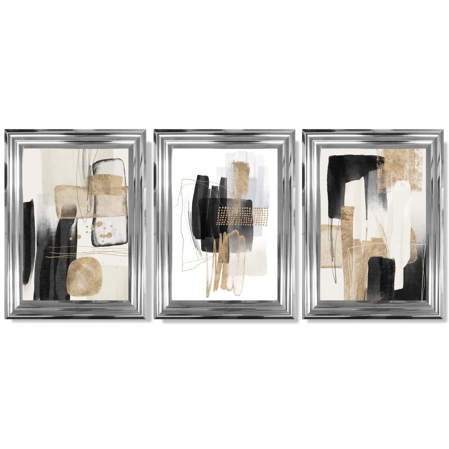 Norvo | Sett med 3 abstrakte svarte beige kunsttrykk med gyldne rammer