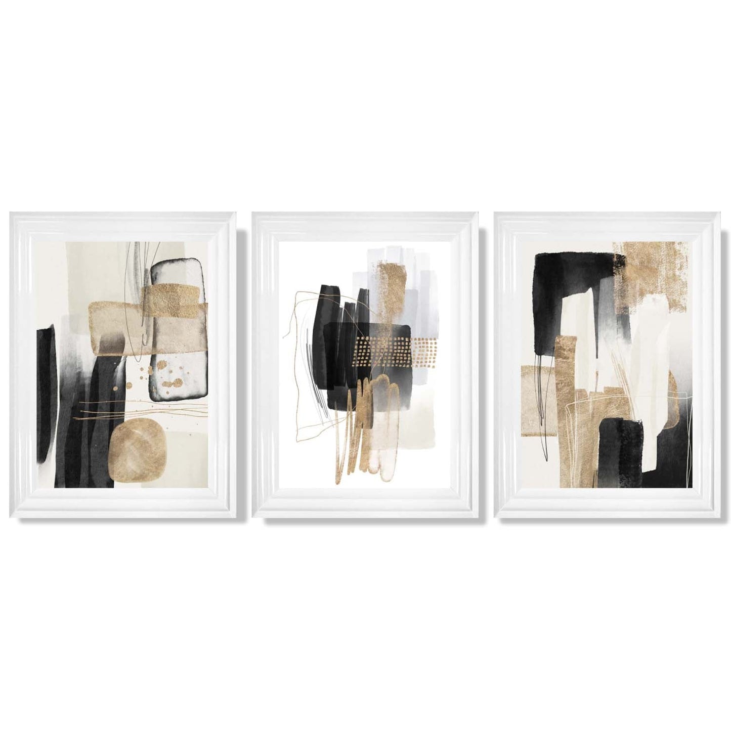Norvo | Sett med 3 abstrakte svarte beige kunsttrykk med gyldne rammer