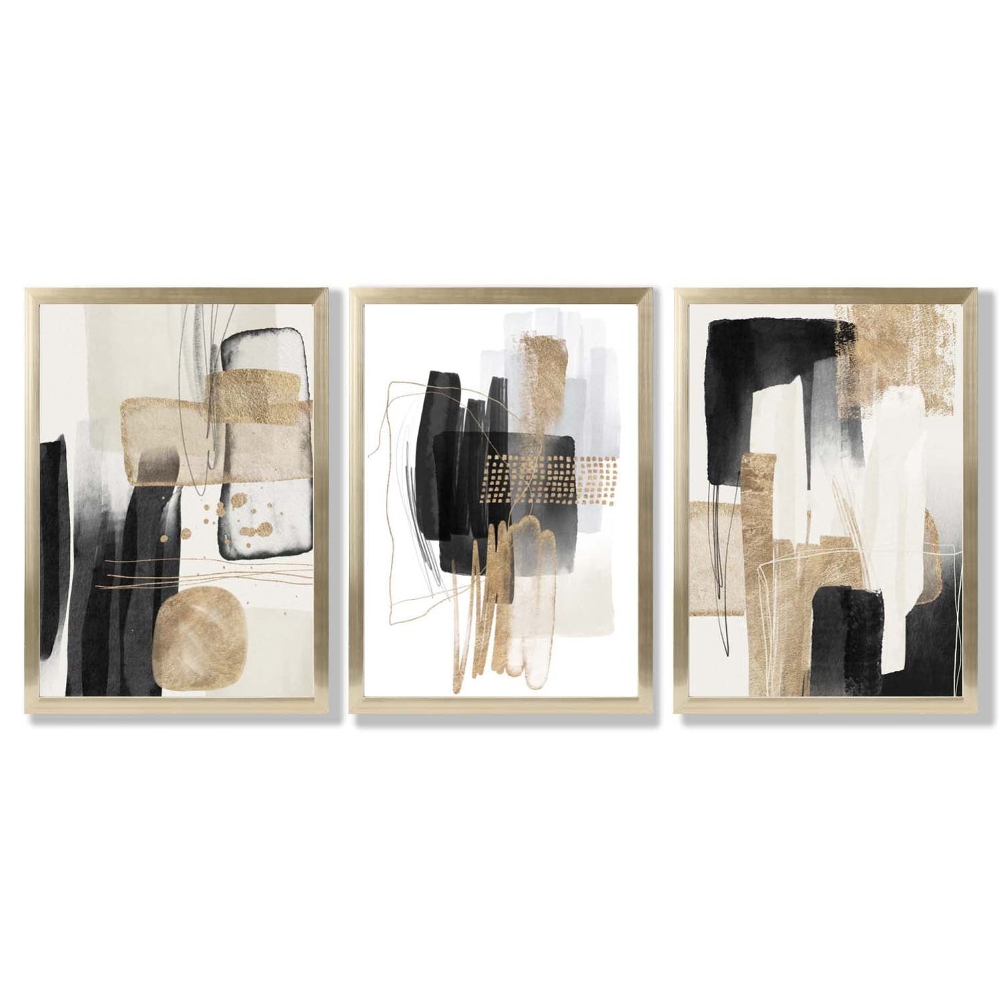 Norvo | Sett med 3 abstrakte svarte beige kunsttrykk med gyldne rammer
