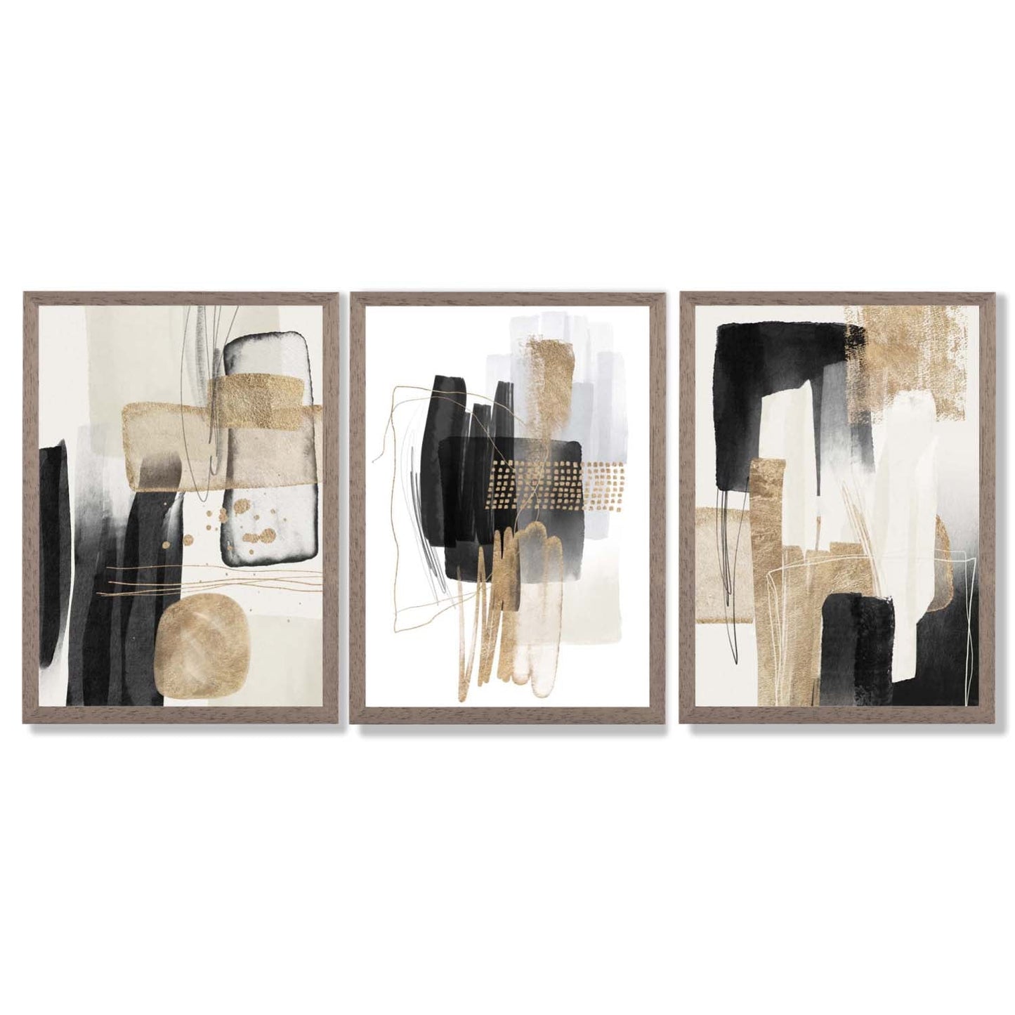 Norvo | Sett med 3 abstrakte svarte beige kunsttrykk med gyldne rammer
