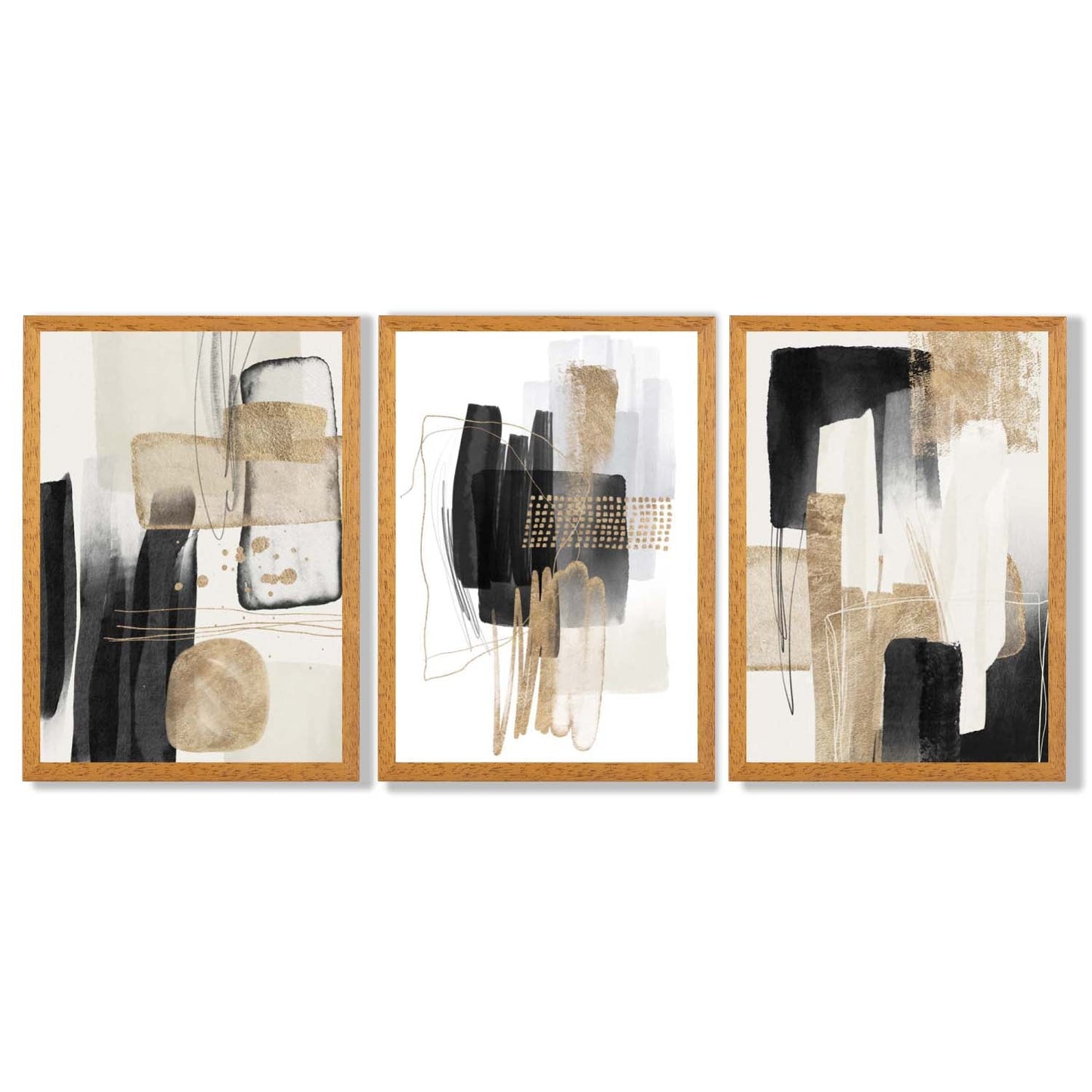 Norvo | Sett med 3 abstrakte svarte beige kunsttrykk med gyldne rammer