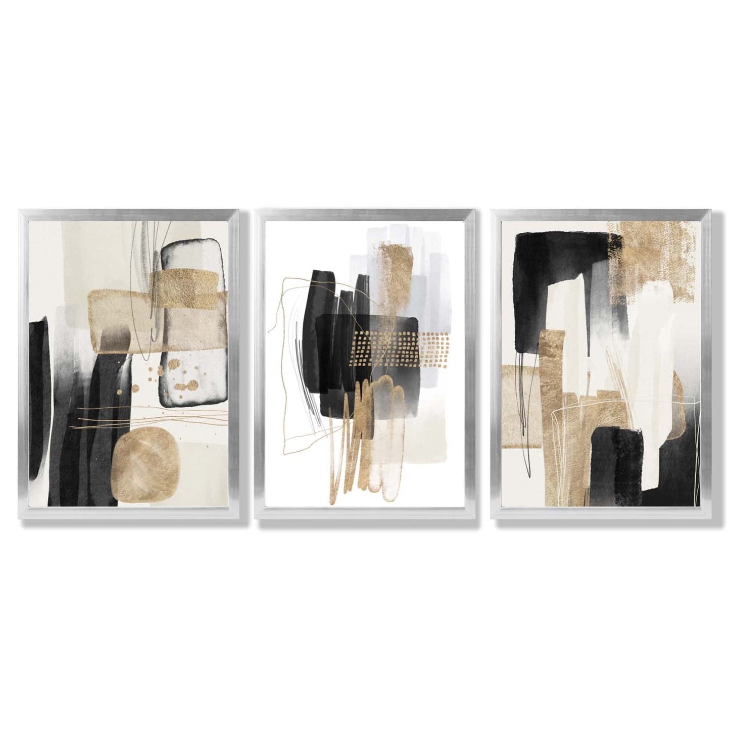 Norvo | Sett med 3 abstrakte svarte beige kunsttrykk med gyldne rammer