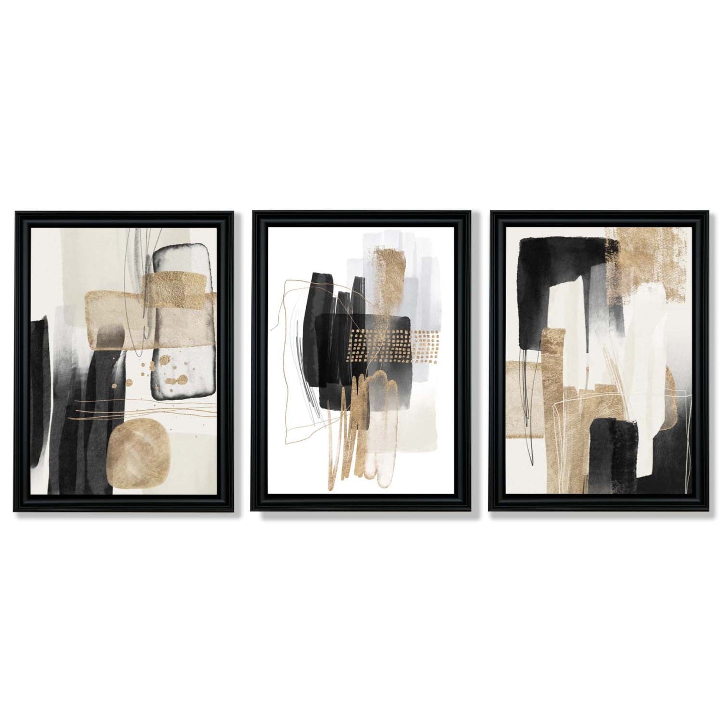 Norvo | Sett med 3 abstrakte svarte beige kunsttrykk med gyldne rammer