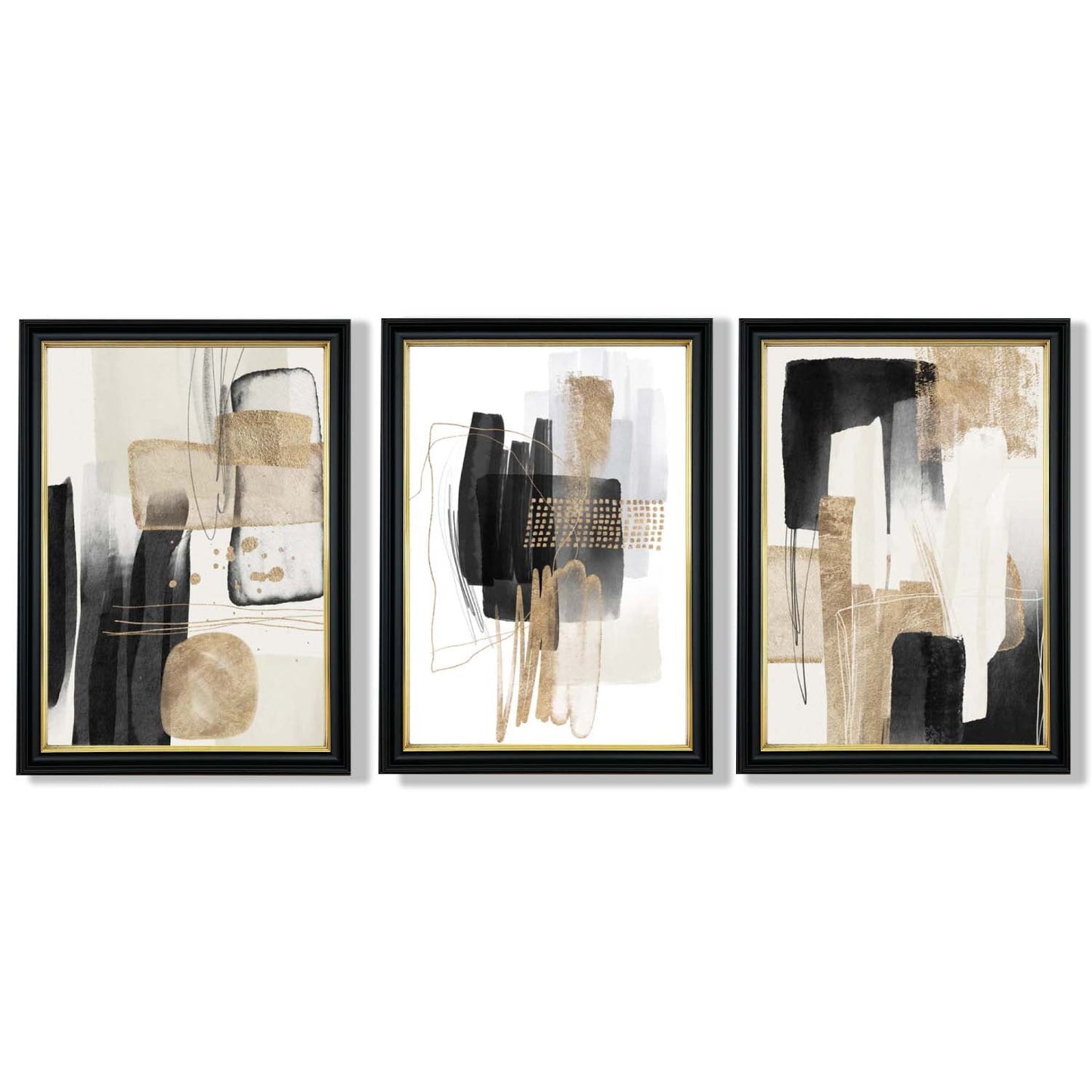 Norvo | Sett med 3 abstrakte svarte beige kunsttrykk med gyldne rammer