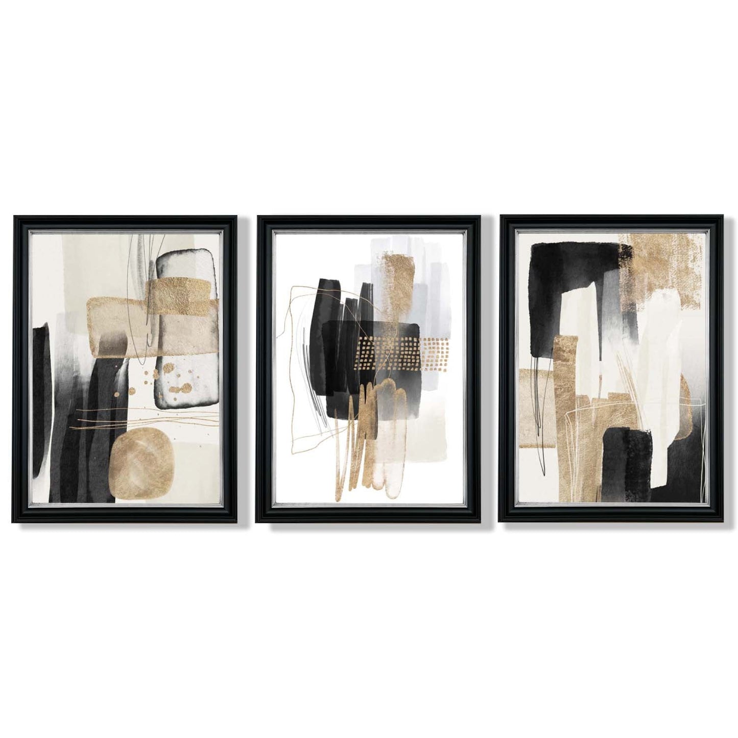 Norvo | Sett med 3 abstrakte svarte beige kunsttrykk med gyldne rammer