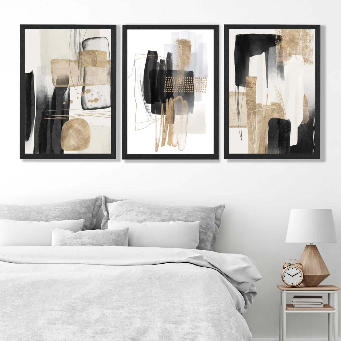 Norvo | Sett med 3 abstrakte svarte beige kunsttrykk med gyldne rammer