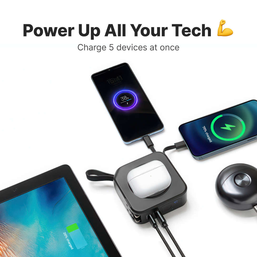 Norvo | TravelBank | Bærbar 5-i-1 Vegglader | Trådløs lading, Power Bank & Multi-enhets lading
