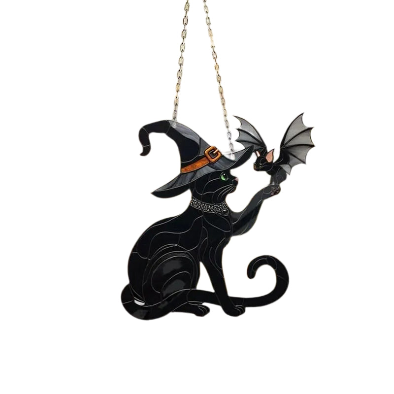 Norvo | Svart katt som berører flaggermus hengende fra vinduet