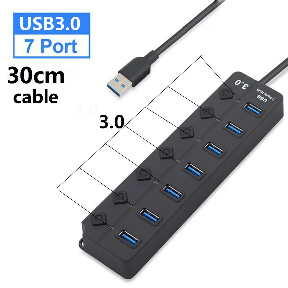 Norvo | 7-Port USB 3.0 Hub med Strømbryter – PortMaster (1+1 GRATIS)