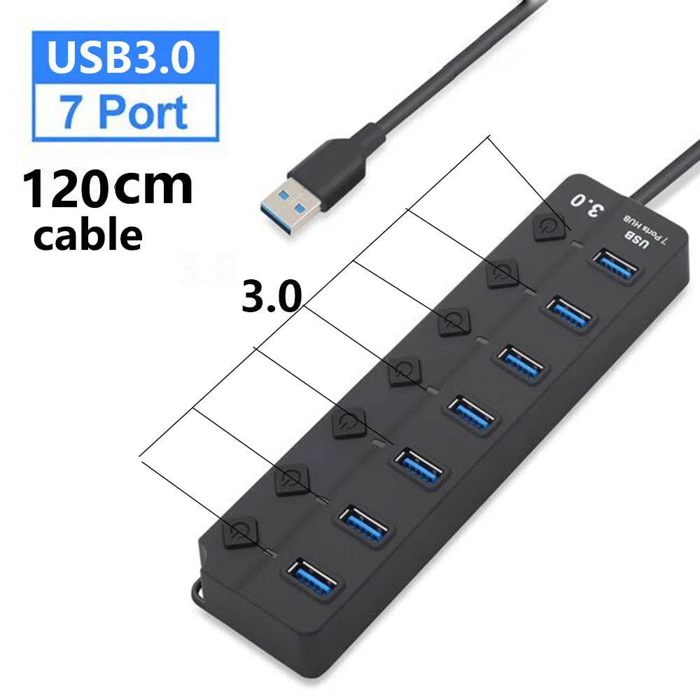 Norvo | 7-Port USB 3.0 Hub med Strømbryter – PortMaster (1+1 GRATIS)