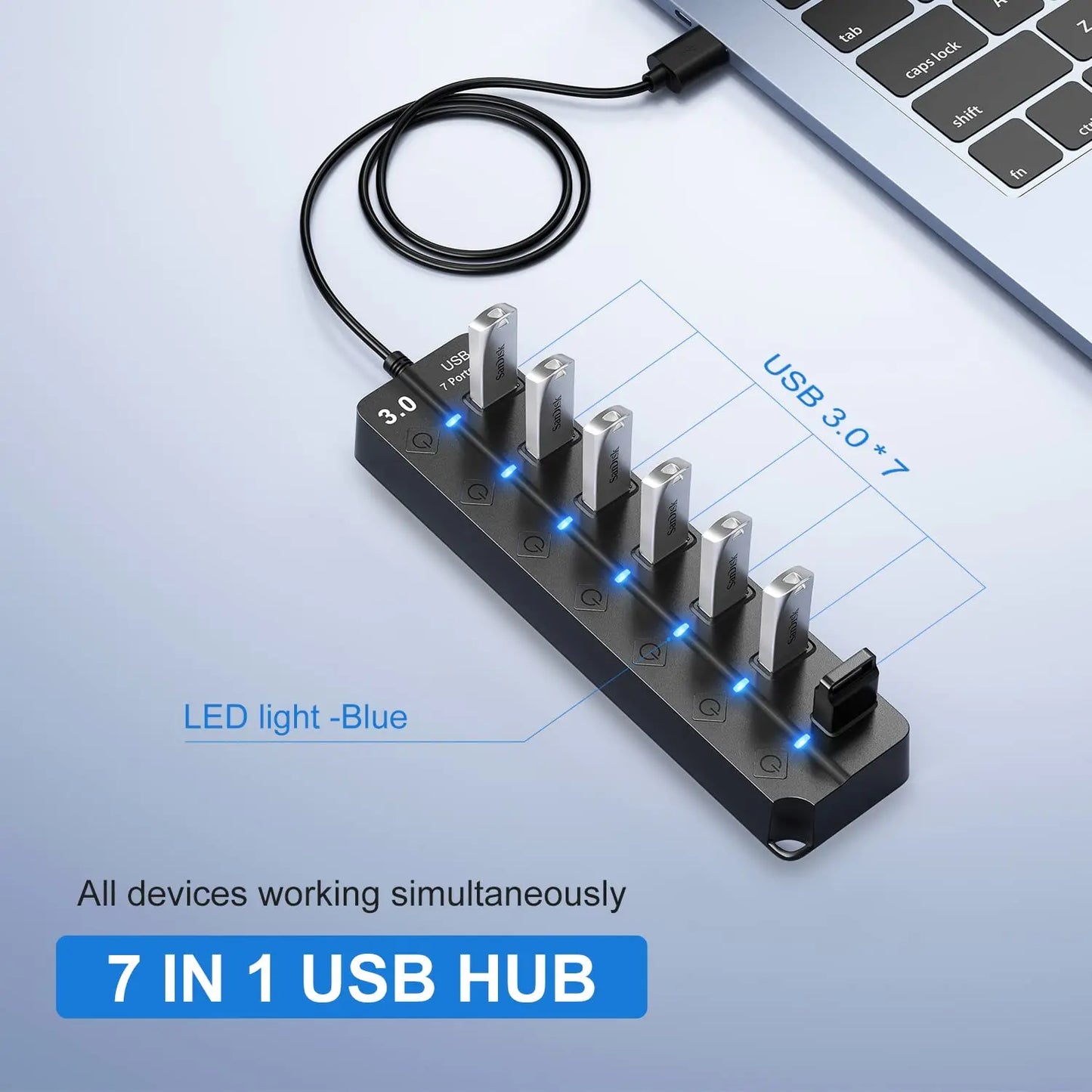 Norvo | 7-Port USB 3.0 Hub med Strømbryter – PortMaster (1+1 GRATIS)
