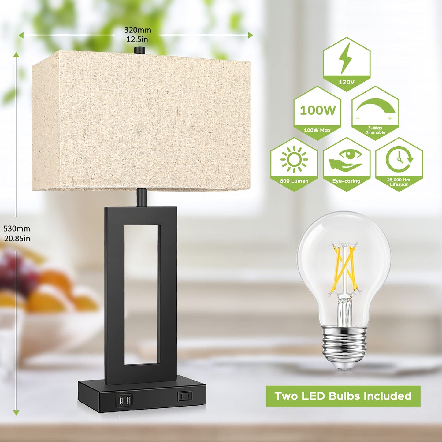 Norvo | Tobusa Set Of 2 Touch Control Table Lamps With Usb Ports, 3-Way Dimmable, Beige Shade