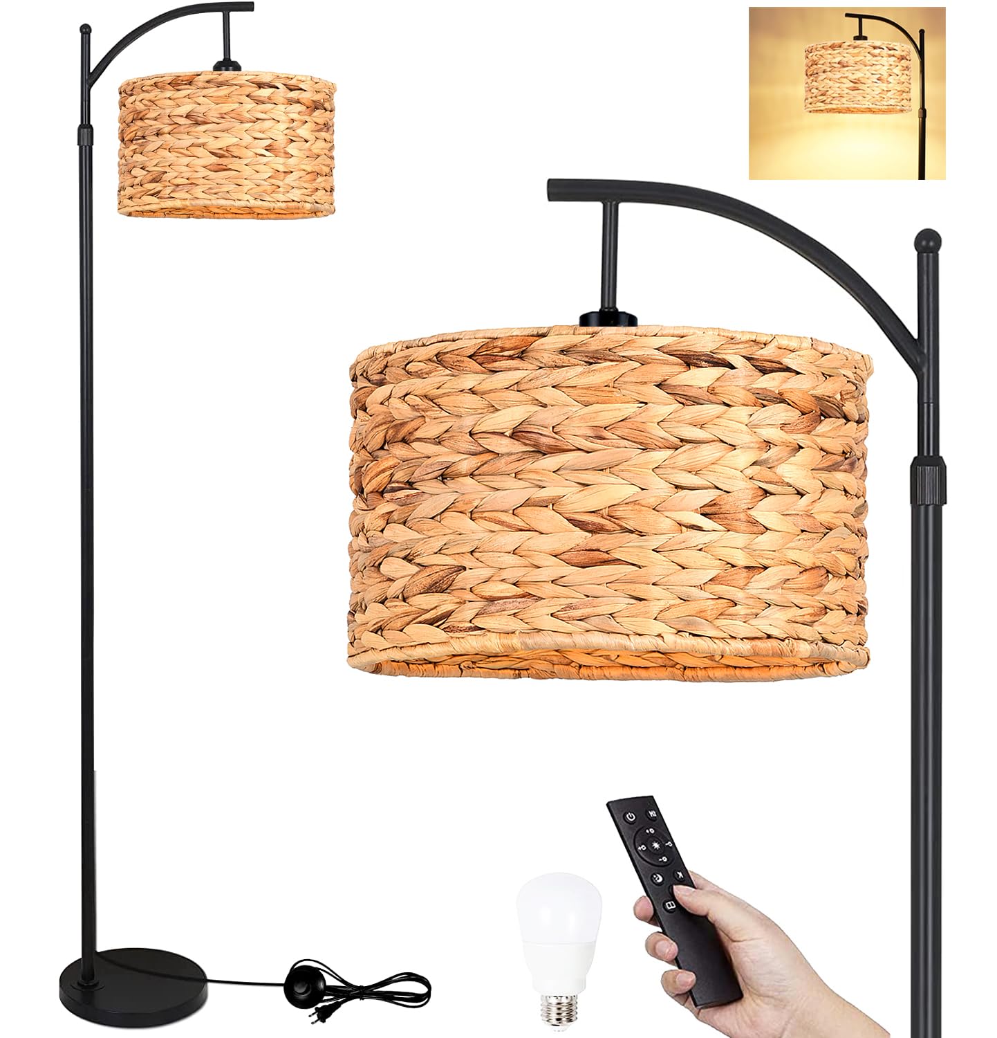 Norvo | Qiyizm Boho Bue Gulvlampe - Dimmbar Svart Rattan Skjerm, Justerbart Høyt Lys For Stue