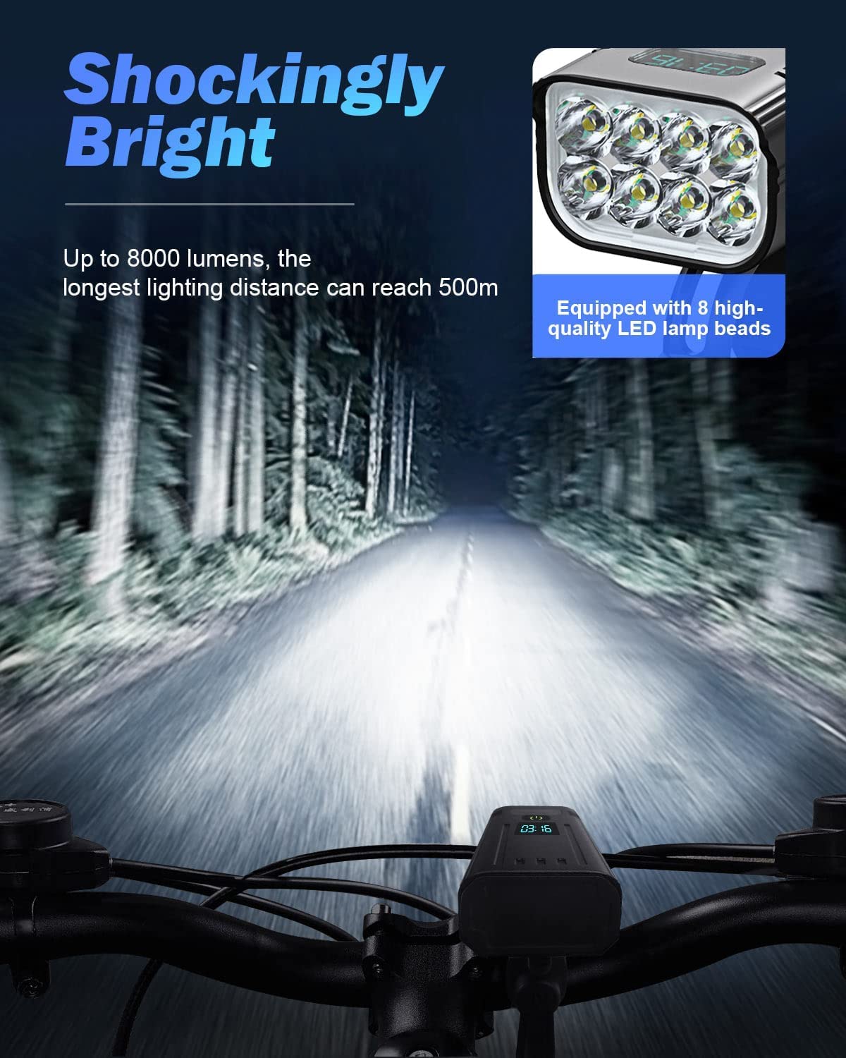 Norvo | Victoper 8000 Lumens Sykkel Lys Sett, 8 Led Usb Oppladbare Foran & Bak Lys, Matt Svart