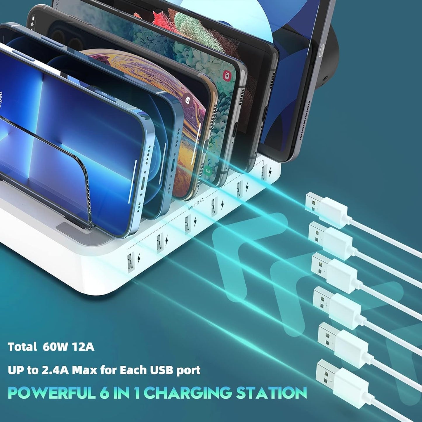 Norvo | 6-ports flere enheter hurtigladerstasjon organizer med smart IC & kabelsett