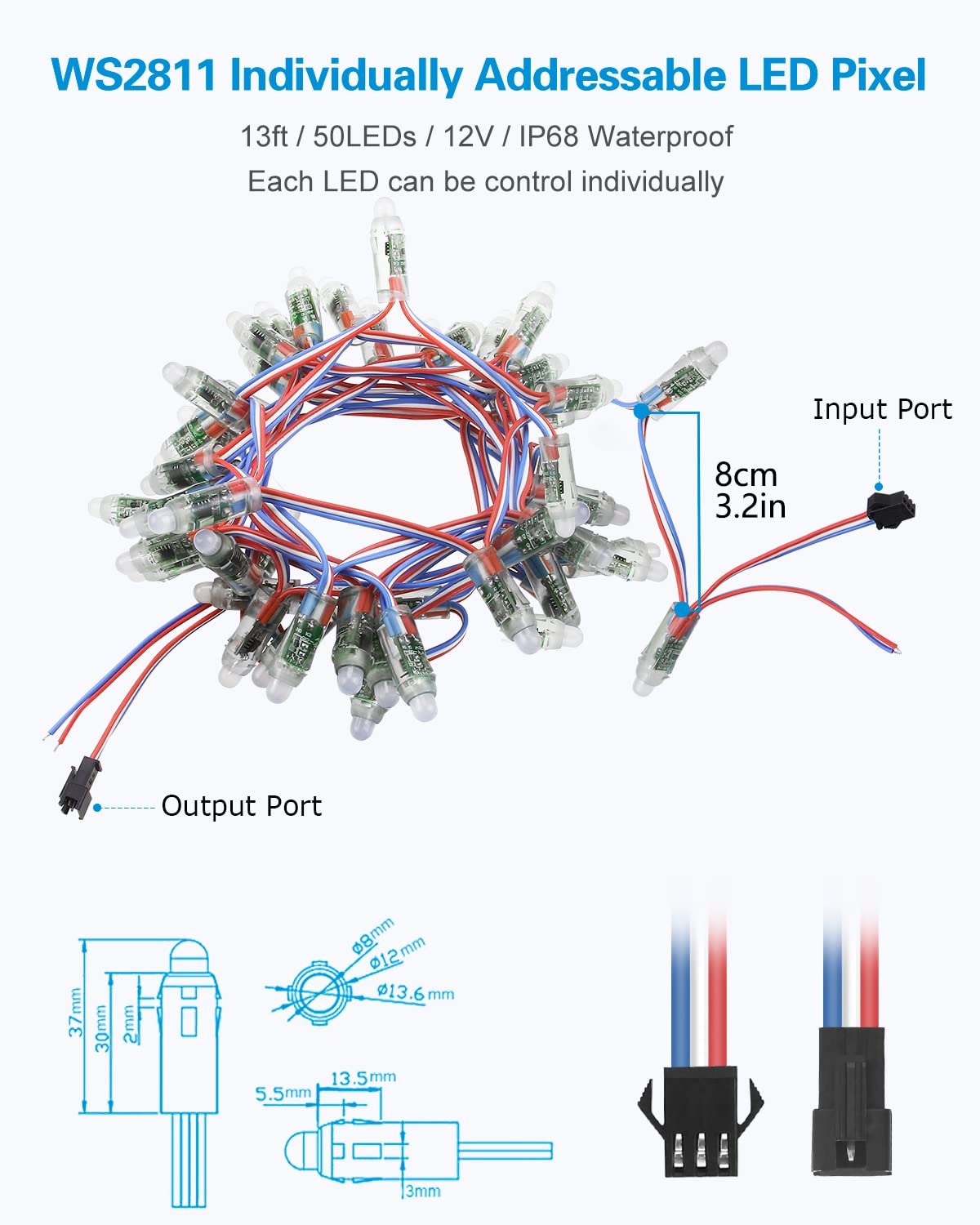 Norvo | Alitove Ws2811 Rgb Led Pixel Lys, 12V, 50Pcs, Vanntett, Individuelt Adressebar
