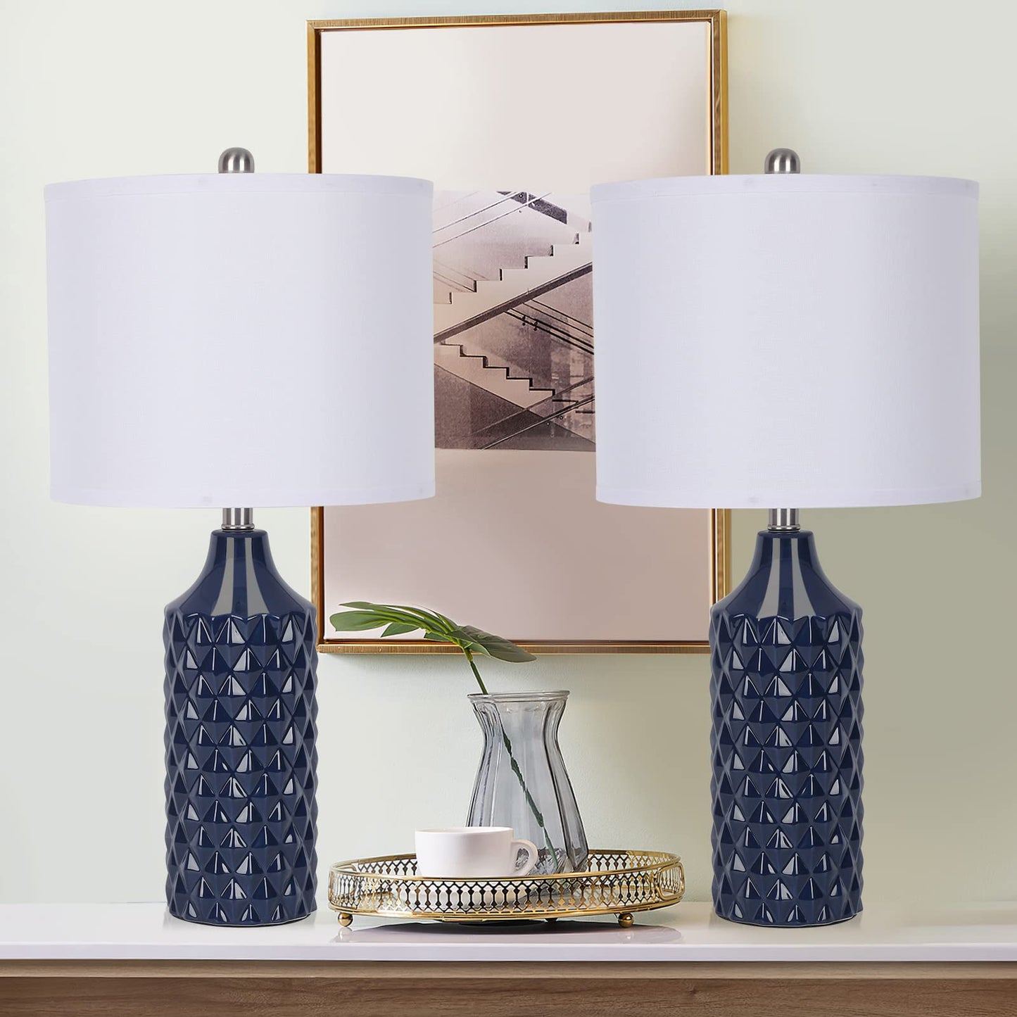 Norvo | Qingmiao 25" Navy Blue Keramisk Bordlampe Sett Av 2 - 3-Trinns Dimming Nattbordbelysning